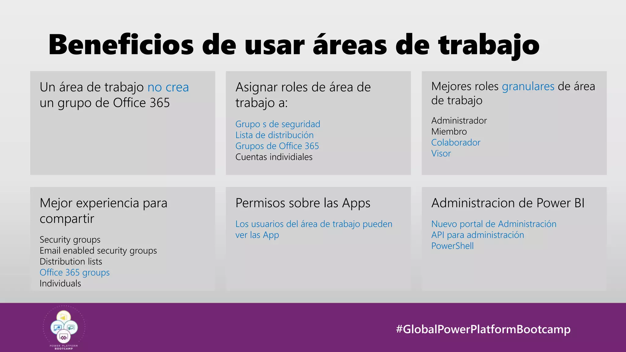 #GlobalPowerPlatformBootcamp
Beneficios de usar áreas de trabajo
Asignar roles de área de
trabajo a:
Grupo s de seguridad
Lista de distribución
Grupos de Office 365
Cuentas individiales
Un área de trabajo no crea
un grupo de Office 365
Mejores roles granulares de área
de trabajo
Administrador
Miembro
Colaborador
Visor
Mejor experiencia para
compartir
Security groups
Email enabled security groups
Distribution lists
Office 365 groups
Individuals
Administracion de Power BI
Nuevo portal de Administración
API para administración
PowerShell
Permisos sobre las Apps
Los usuarios del área de trabajo pueden
ver las App
 