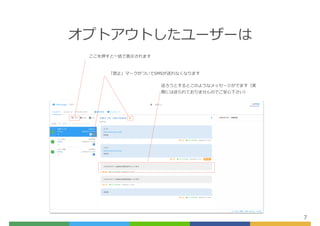 オプトアウトしたユーザーは
7
ここを押すと⼀括で表⽰されます
「禁⽌」マークがついてSMSが送れなくなります
送ろうとするとこのようなメッセージがでます（実
際には送られておりませんのでご安⼼下さい）
 