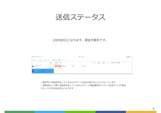 送信ステータス
8
[DENIED]になります。課⾦対象外です。
※基本的に受信拒否をしているカスタマーにSMSは送れないようになっています
⼀⻫配信をした際に受信拒否をしているカスタマーの電話番号がリストに含まれていた場合
ステータスが[DENIED]になります
 