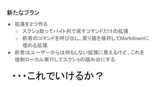 新たなプラン
● 拡張を２つ作る
○ スクショ取ってバイト列で返すコマンドだけの拡張
○ 前者のコマンドを呼び出し、戻り値を保存してMarkdownに
埋める拡張
● 前者はユーザーからは何もしない拡張に見えるけど、これを
強制ローカル実行してスクショの踏み台にする
・・・これでいけるか？
 