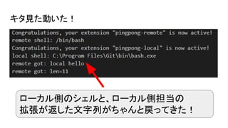 キタ見た動いた！
ローカル側のシェルと、ローカル側担当の
拡張が返した文字列がちゃんと戻ってきた！
 
