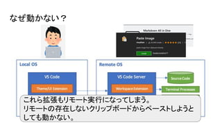 なぜ動かない？
これら拡張もリモート実行になってしまう。
リモートの存在しないクリップボードからペーストしようと
しても動かない。
 