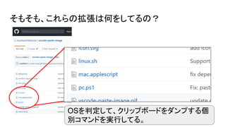 そもそも、これらの拡張は何をしてるの？
OSを判定して、クリップボードをダンプする個
別コマンドを実行してる。
 
