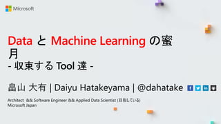 畠山 大有 | Daiyu Hatakeyama | @dahatake
Architect && Software Engineer && Applied Data Scientist (目指している)
Microsoft Japan
Data と Machine Learning の蜜
月
- 収束する Tool 達 -
 