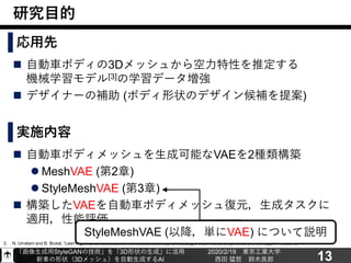 「画像生成用StyleGANの技術」を「3D形状の生成」に活用
新車の形状（3Dメッシュ）を自動生成するAI
2020/2/19 東京工業大学
西田 猛哲 鈴木良郎
3. N. Umetani and B. Bickel, “Learning three-dimensional flow for interactive aerodynamic design,” ACM Trans. Graph., vol. 37, no. 4, pp. 1–10, 2018.
13
研究目的
実施内容
◼ 自動車ボディメッシュを生成可能なVAEを2種類構築
⚫ MeshVAE (第2章)
⚫ StyleMeshVAE (第3章)
◼ 構築したVAEを自動車ボディメッシュ復元，生成タスクに
適用，性能評価
StyleMeshVAE (以降，単にVAE) について説明
◼ 自動車ボディの3Dメッシュから空力特性を推定する
機械学習モデル[3]の学習データ増強
◼ デザイナーの補助 (ボディ形状のデザイン候補を提案)
応用先
 