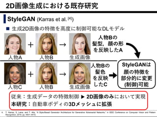 「画像生成用StyleGANの技術」を「3D形状の生成」に活用
新車の形状（3Dメッシュ）を自動生成するAI
2020/2/19 東京工業大学
西田 猛哲 鈴木良郎 14
2D画像生成における既存研究
◼ 生成2D画像の特徴を高度に制御可能なDLモデル
StyleGAN (Karras et al. [4])
4. T. Karras, S. Laine, and T. Aila, “A Style-Based Generator Architecture for Generative Adversarial Networks,” in IEEE Conference on Computer Vision and Pattern
Recognition, 2019, pp. 4401–4410.
従来：生成データの特徴制御 ▶ 2D画像のみにおいて実現
本研究：自動車ボディの3Dメッシュに拡張
人物Bの
髪型，顔の形
を反映したA
+ →
人物A 人物B 生成画像
→
人物Bの
髪色
を反映
したC
人物C 人物B 生成画像
+
StyleGANは
顔の特徴を
部分的に変更
(制御)可能
 
