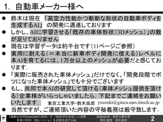 「画像生成用StyleGANの技術」を「3D形状の生成」に活用
新車の形状（3Dメッシュ）を自動生成するAI
2020/2/19 東京工業大学
西田 猛哲 鈴木良郎 2
⚫ 鈴木は現在 「高空力性能かつ斬新な形状の自動車ボディを
生成するAI」 の開発に邁進しております
⚫ しかし、AIに学習させる「既存の車体形状（3Dメッシュ）」の数
が足りておりません
⚫ 現在は学習データは約千台です（11ページご参照）
⚫ 実用に耐える（＝本当に新車ボディ開発に使える）レベルに
本AIを育てるには、1万台以上のメッシュが必要だと感じてお
ります．
⚫ 「実際に販売された車体メッシュ」だけでなく、「開発段階でボ
ツになった車体メッシュ」でも十分でございます
⚫ もし、共同で本AIの研究して頂ける（車体メッシュ提供を頂け
る）企業様がいらっしゃいましたら，下記までご連絡をお願い
いたします．
⚫ 当然ですが、ご連絡頂いた内容の守秘義務は厳守致します．
1. 自動車メーカー様へ
東京工業大学・鈴木良郎
 