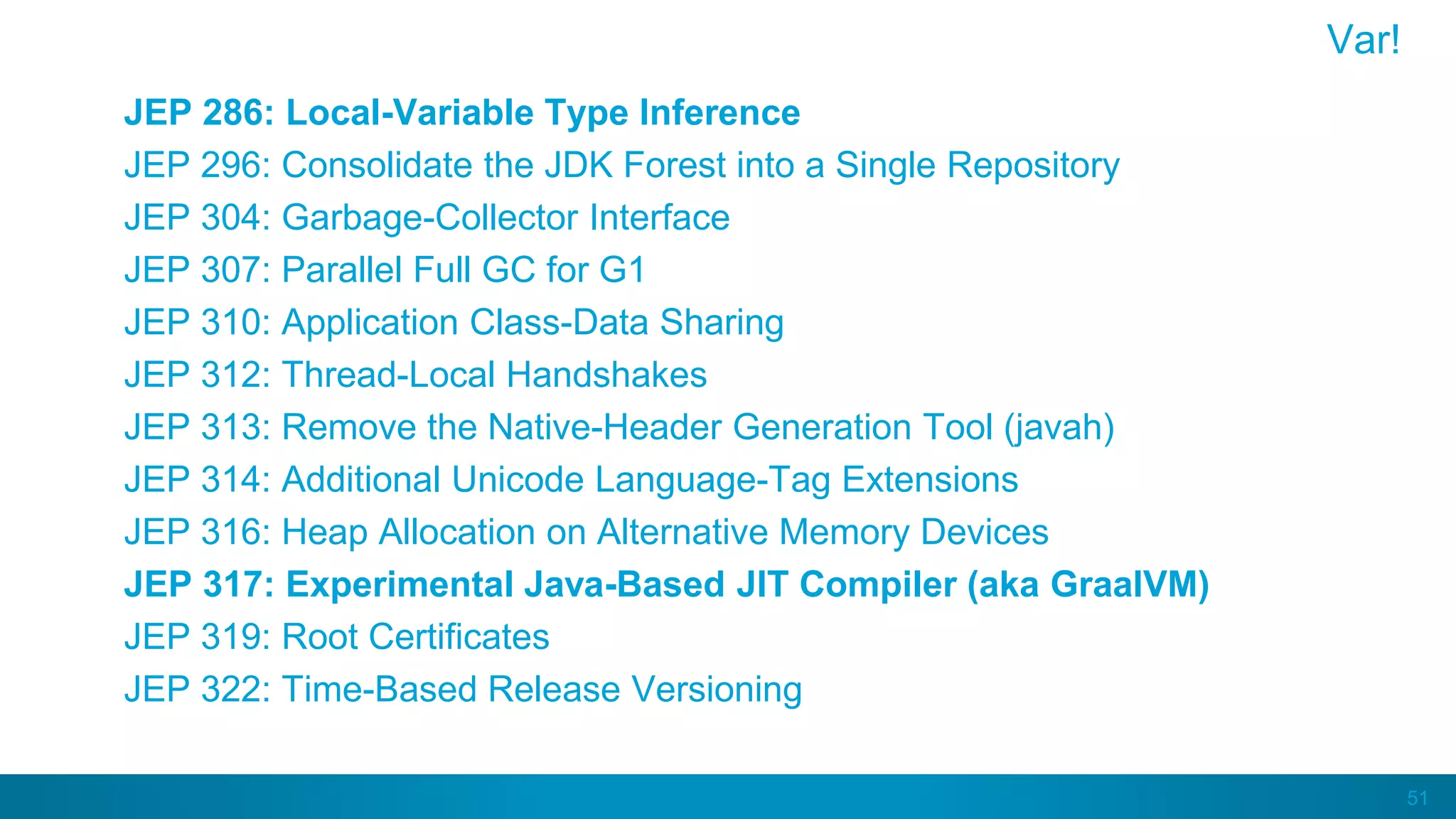 51
JEP 286: Local-Variable Type Inference
JEP 296: Consolidate the JDK Forest into a Single Repository
JEP 304: Garbage-Collector Interface
JEP 307: Parallel Full GC for G1
JEP 310: Application Class-Data Sharing
JEP 312: Thread-Local Handshakes
JEP 313: Remove the Native-Header Generation Tool (javah)
JEP 314: Additional Unicode Language-Tag Extensions
JEP 316: Heap Allocation on Alternative Memory Devices
JEP 317: Experimental Java-Based JIT Compiler (aka GraalVM)
JEP 319: Root Certificates
JEP 322: Time-Based Release Versioning
Var!
 