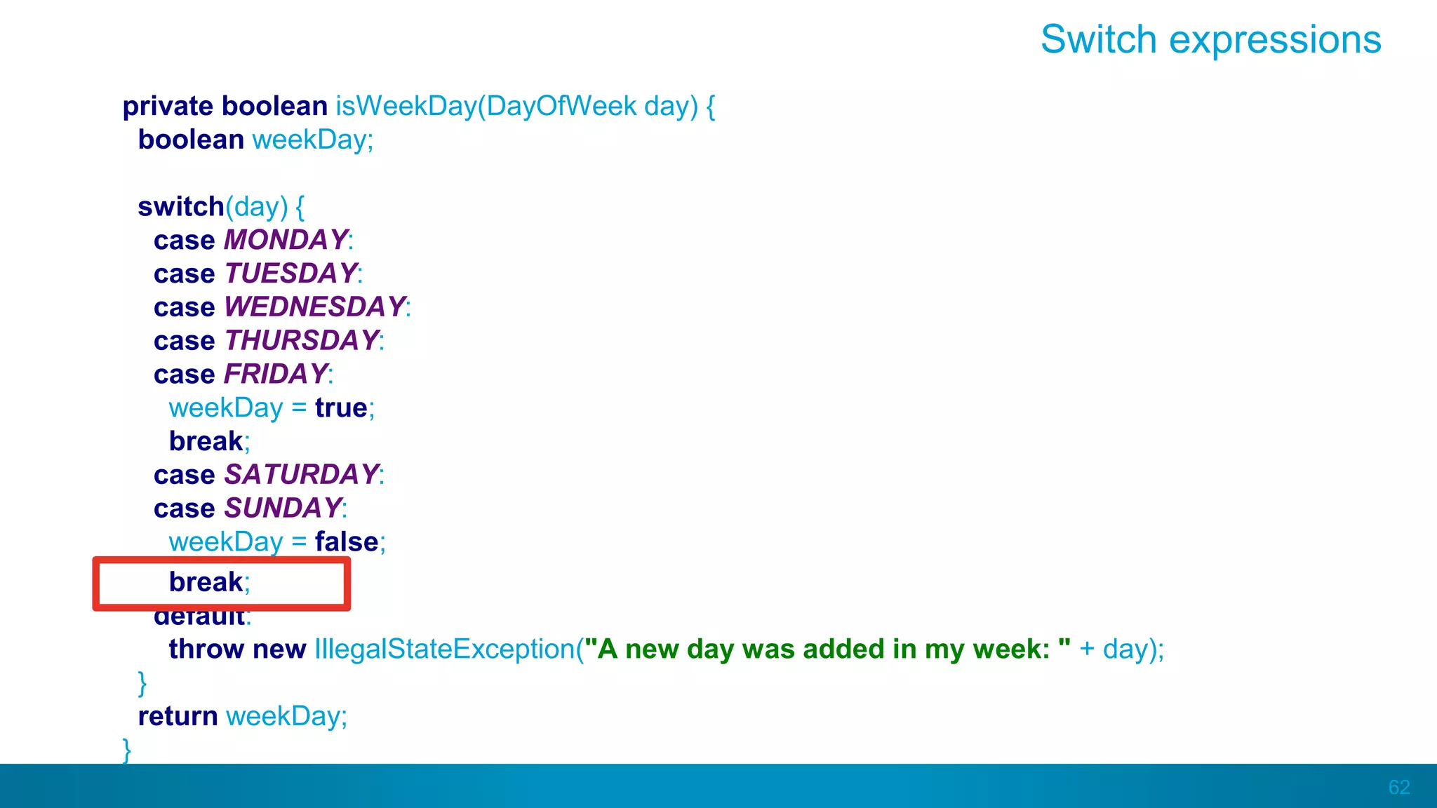 62
private boolean isWeekDay(DayOfWeek day) {
boolean weekDay;
switch(day) {
case MONDAY:
case TUESDAY:
case WEDNESDAY:
case THURSDAY:
case FRIDAY:
weekDay = true;
break;
case SATURDAY:
case SUNDAY:
weekDay = false;
break;
default:
throw new IllegalStateException("A new day was added in my week: " + day);
}
return weekDay;
}
Switch expressions
 
