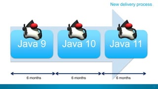 10
Java 9 Java 10 Java 11
New delivery process
6 months 6 months 6 months
 