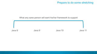 15
Prepare to do some stretching
Java 8 Java 9 Java 10 Java 11
What any sane person will want his/her framework to support
 