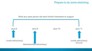 16
Prepare to do some stretching
Java 8 Java 9 Java 10 Java 11
What any sane person will want his/her framework to support
Unsafe.defineClass()
MethodHandles.defineClass()
Unsafe.defineClass()
removed
 