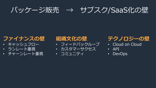 パッケージ販売 → サブスク/SaaS化の壁
ファイナンスの壁
• キャッシュフロー
• ランレート重視
• チャーンレート重視
組織文化の壁
• フィードバックループ
• カスタマーサクセス
• コミュ二ティ
テクノロジーの壁
• Cloud on Cloud
• API
• DevOps
 