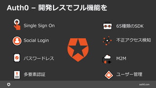auth0.com
Auth0 – 開発レスでフル機能を
Single Sign On
Social Login
多要素認証
パスワードレス
65種類のSDK
不正アクセス検知
M2M
ユーザー管理
 