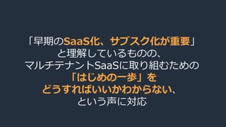 「早期のSaaS化、サブスク化が重要」
と理解しているものの、
マルチテナントSaaSに取り組むための
「はじめの一歩」を
どうすればいいかわからない、
という声に対応
 