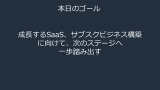 本日のゴール
成長するSaaS、サブスクビジネス構築
に向けて、次のステージへ
一歩踏み出す
 