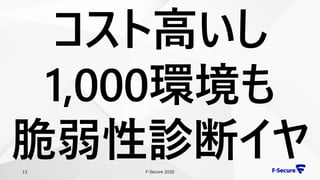 F-Secure 202013
コスト高いし
1,000環境も
脆弱性診断イヤ
 