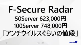 F-Secure 202021
F-Secure Radar
50Server 623,000円
100Server 748,000円
「アンチウイルスぐらいの値段」
 