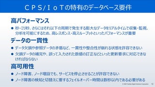 12© 2020 Toshiba Digital Solutions Corporation
ＣＰＳ/ＩｏＴの特有のデータベース要件
高パフォーマンス
 秒・ミリ秒、さらにはそれ以下の周期で発生する膨大なデータをリアルタイムで収集・監視、
分析を可能にするため、高レスポンス・高スループットといったパフォーマンスが重要
データの一貫性
 データ欠損や参照データの矛盾など、一貫性や整合性が崩れる状態を許容できない
 欠損データの補完や、誤って入力された数値の訂正などといった更新要求に対応できな
ければならない
高可用性
 ノード障害、ノード増設でも、サービスを停止させることが許容できない
 ノード障害の検知と切替えに要するフェイルオーバー時間は数秒以内である必要がある
 