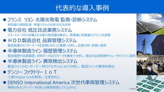 50© 2020 Toshiba Digital Solutions Corporation
代表的な導入事例
 フランス リヨン 太陽光発電 監視・診断システム
発熱量の遠隔監視、発電パネルの性能劣化を診断
 電力会社 低圧託送業務システム
スマートメータから収集される電力使用量を集計し、需要量と発電量のバランスを調整
 ＨＤＤ製造会社 品質管理システム
製造装置のセンサーデータを長期にわたって蓄積・分析し、品質分析・改善に適用
 半導体製造ライン 履歴管理システム
製造履歴や品質履歴、材料データなどのデータを横串で分析し、製品の品質管理やトレーサビリティに適用
 半導体製造ライン 異常検出システム
製造ラインのセンサーデータをリアルタイムにAIで分析し、製造ラインの異常を検出
 デンソー ファクトリーＩｏＴ
工場のDigital Twinを実現し、生産性向上
 DENSO International America 次世代車両管理システム
車両の各センサーデータを用いる車両管理システムのPoC
 