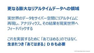 10© 2020 Toshiba Digital Solutions Corporation
更なる膨大なリアルタイムデータへの領域
実世界のデータをサイバー空間にリアルタイムに
再現し、アナリティクス。その結果を現実世界へ
フィードバックする
これを実装するために 「あてはめる」のではなく、
生まれつき 「あてはまる」 ＤＢも必要
© 2020 Toshiba Digital Solutions Corporation
 