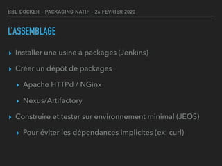 BBL DOCKER - PACKAGING NATIF - 26 FEVRIER 2020
L’ASSEMBLAGE
▸ Installer une usine à packages (Jenkins)
▸ Créer un dépôt de packages
▸ Apache HTTPd / NGinx
▸ Nexus/Artifactory
▸ Construire et tester sur environnement minimal (JEOS)
▸ Pour éviter les dépendances implicites (ex: curl)
 