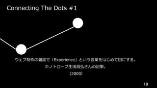 19	
Connecting The Dots #1
ウェブ制作の雑誌で「Experience」という⾔葉をはじめて⽬にする。
キノトロープ⽣⽥昌弘さんの記事。
（2000）
 