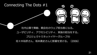21	
Connecting The Dots #1
社内公募で異動、親会社のウェブ担当者になる。
ユーザビリティ、アクセシビリティ、実装の担当をする。
プロジェクトでネットイヤーグループの
佐々⽊裕彦さん、坂本貴史さんに影響を受ける。（2006）
 