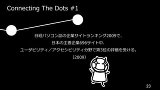 23	
Connecting The Dots #1
⽇経パソコン誌の企業サイトランキング2009で、
⽇本の主要企業696サイト中、
ユーザビリティ／アクセシビリティ分野で第3位の評価を受ける。
（2009）
 