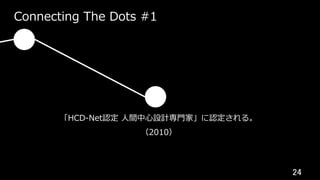 24	
Connecting The Dots #1
「HCD-Net認定 ⼈間中⼼設計専⾨家」に認定される。
（2010）
 