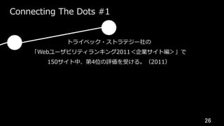 26	
Connecting The Dots #1
トライベック・ストラテジー社の
「Webユーザビリティランキング2011＜企業サイト編＞」で
150サイト中、第4位の評価を受ける。（2011）
 