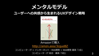3	
メンタルモデル
ユーザーへの共感から⽣まれるUXデザイン戦略
Amazonで購⼊
http://amzn.asia/3cgueBZ
コンピュータ・IT > インターネット・Web開発 > Web開発 最⾼「1位」
コンピュータ・IT 総合 最⾼「9位」
 