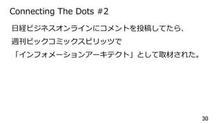 30	
Connecting The Dots #2
⽇経ビジネスオンラインにコメントを投稿してたら、
週刊ビックコミックスピリッツで
「インフォメーションアーキテクト」として取材された。
 