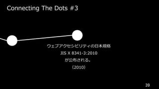 39	
Connecting The Dots #3
ウェブアクセシビリティの⽇本規格
JIS X 8341-3:2010
が公布される。
（2010）
 