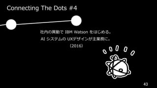 43	
Connecting The Dots #4
社内の異動で IBM Watson をはじめる。
AI システムの UXデザインが主業務に。
（2016）
 