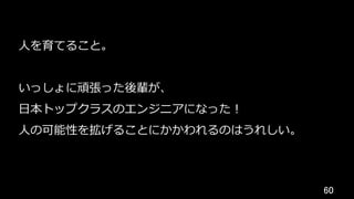 60	
⼈を育てること。
いっしょに頑張った後輩が、
⽇本トップクラスのエンジニアになった！
⼈の可能性を拡げることにかかわれるのはうれしい。
 