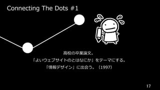 17	
Connecting The Dots #1
⾼校の卒業論⽂。
「よいウェブサイトのとはなにか」をテーマにする。
「情報デザイン」に出会う。（1997）
 