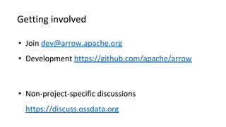 Getting involved
• Join dev@arrow.apache.org
• Development https://github.com/apache/arrow
• Non-project-specific discussions
https://discuss.ossdata.org
 