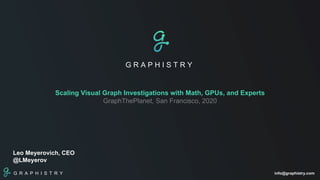 G R A P H I S T R Y info@graphistry.com
G R A P H I S T R Y
Scaling Visual Graph Investigations with Math, GPUs, and Experts
GraphThePlanet, San Francisco, 2020
Leo Meyerovich, CEO
@LMeyerov
 