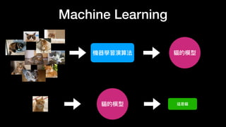 Machine Learning
機器學習演算法 貓的模型
這是貓
貓的模型
 