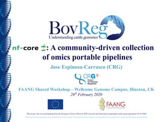 : A community-driven collection
of omics portable pipelines
Jose Espinosa-Carrasco (CRG)
FAANG Shared Workshop – Wellcome Genome Campus, Hinxton, UK
26th
February 2020
This project has received funding from the European Union’s Horizon 2020 research and innovation programme under grant agreement No 815668
Disclaimer: the sole responsibility of this presentation lies with the authors. The Research Executive Agency is not responsible for any use that may be made of the information contained therein.
 