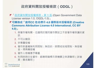 105
ODGL
1 (Open Government Data
License version 1.0, OGDL-1.0)
CC 4.0 (Creative
Commons Attribution License 4.0 International, CC BY
4.0)
1.
2.
3.
4.
5.
6.
 