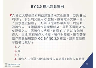 53
BY 3.0
A B
B C
A B B
B A A
A B C B
B
CC BY NC 3.0
1. A
2. B
3. C
4. B / A / C
 