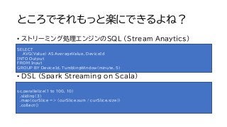 ところでそれもっと楽にできるよね？
• ストリーミング処理エンジンのSQL (Stream Anaytics)
• DSL (Spark Streaming on Scala)
SELECT
AVG(Value) AS AverageValue...