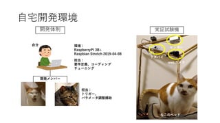 自宅開発環境
開発メンバー
自分 環境：
RaspberryPi 3B+
Raspbian Stretch 2019-04-08
担当：
トリガー、
パラメータ調整補助
担当：
要件定義、コーディング
チューニング
開発体制 実証試験機
ラズパイ
センサー
webカメラ
ねこのベッド
 