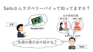 Saitoさんラズベリーパイって知ってますか？
RaspberryPi !
新たな人脈 美味しい食事
ラズベリーパイ?
社外情報収集
Saito
先週の展示会の話かな？
上司
 