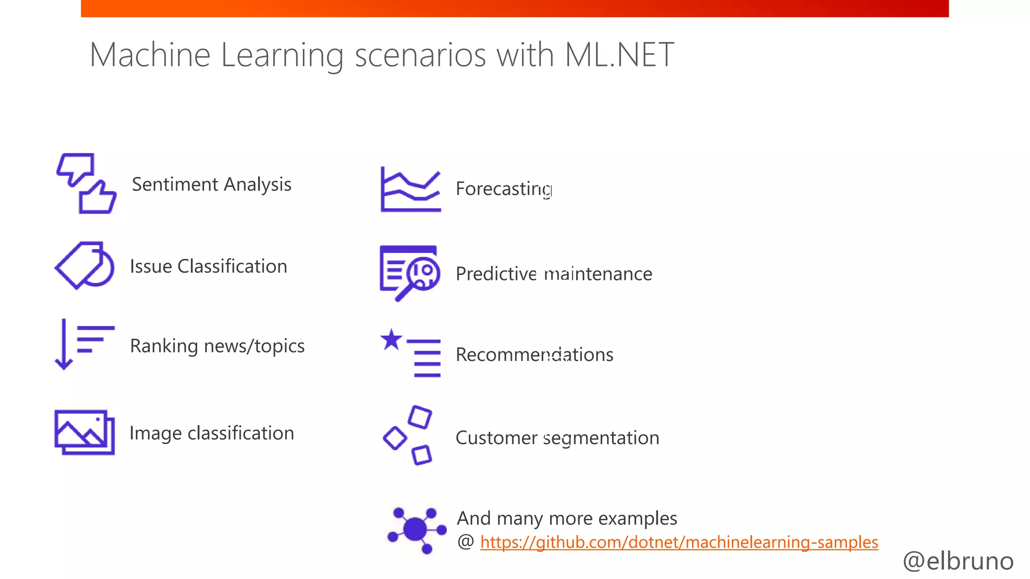 @elbruno
And many more examples
@ https://github.com/dotnet/machinelearning-samples
Customer segmentation
Recommendations
Predictive maintenance
Forecasting
Issue Classification
Ranking news/topics
Image classification
Sentiment Analysis
Machine Learning scenarios with ML.NET
 