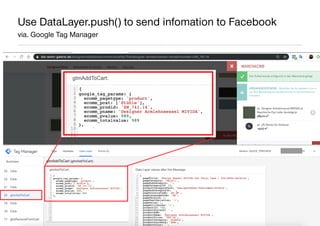 AllFacebook Advance ∙ Power FB Pixel with Google Tag Manager ∙ Rahul Agarwal
Use DataLayer.push() to send infomation to Fa...