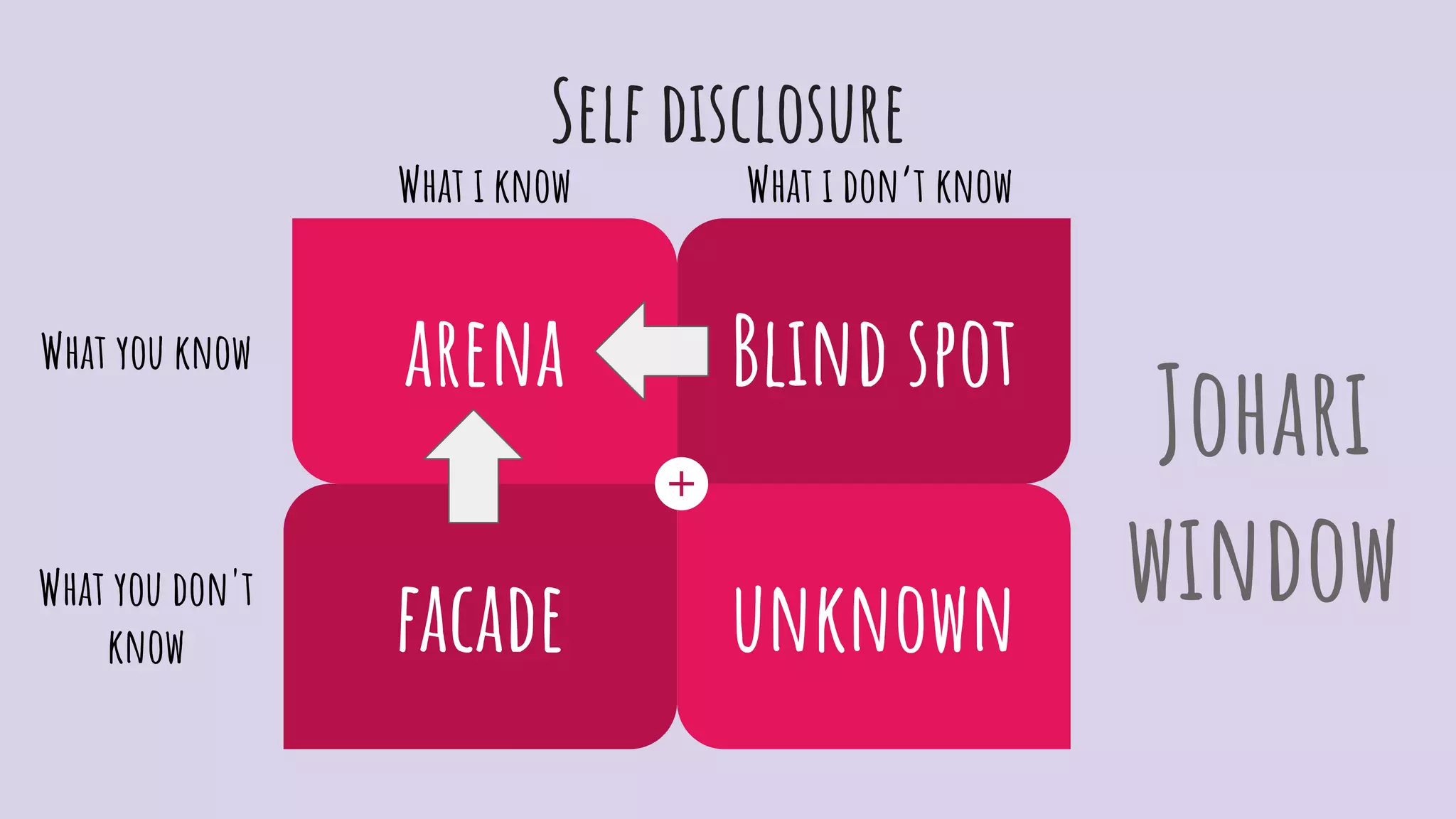 Self disclosure
Blind spotarena
facade unknown
What i know What i don’t know
What you know
What you don't
know
Johari
window
 
