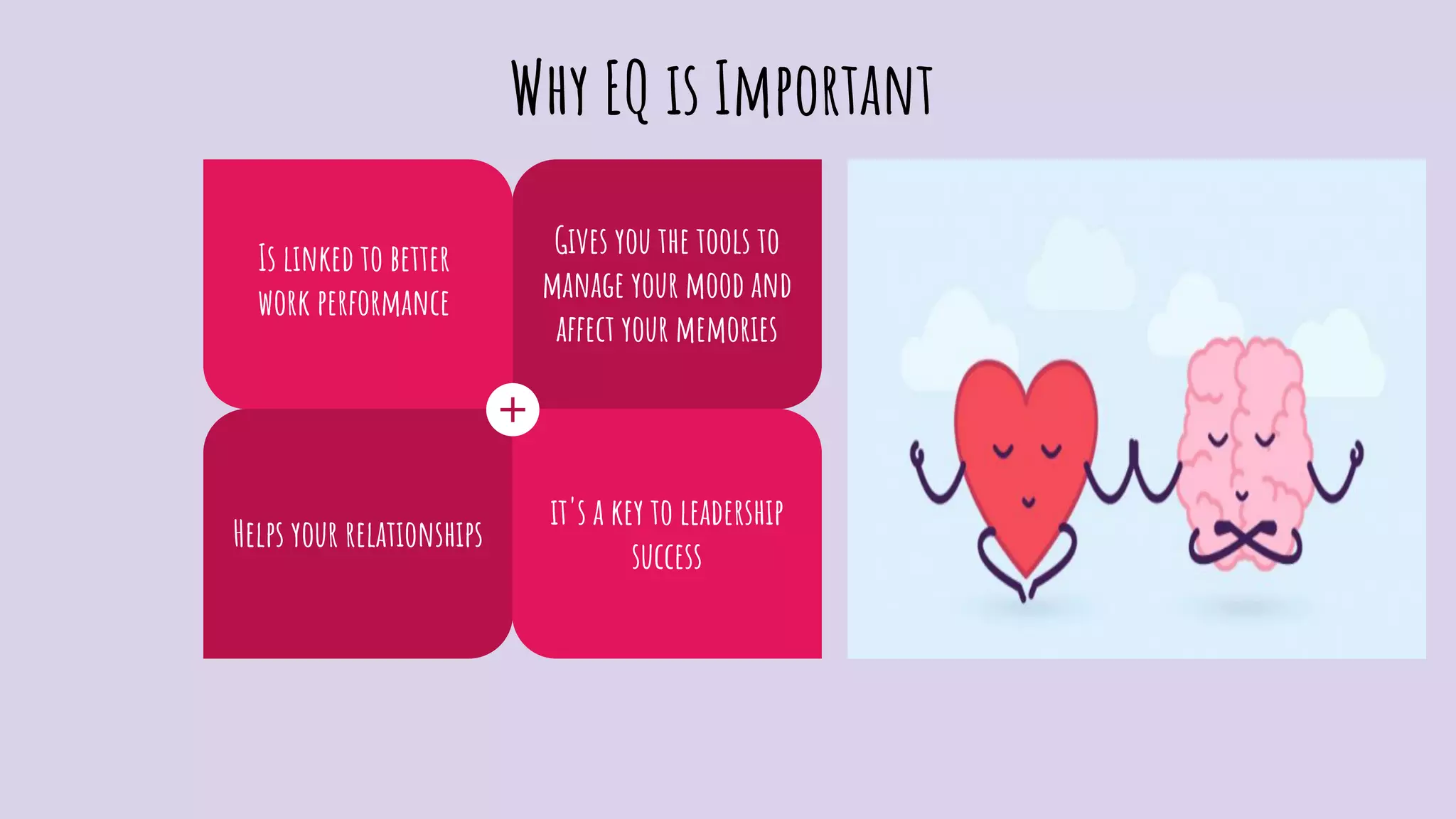 Gives you the tools to
manage your mood and
affect your memories
Helps your relationships
it's a key to leadership
success
Is linked to better
work performance
Why EQ is Important
 